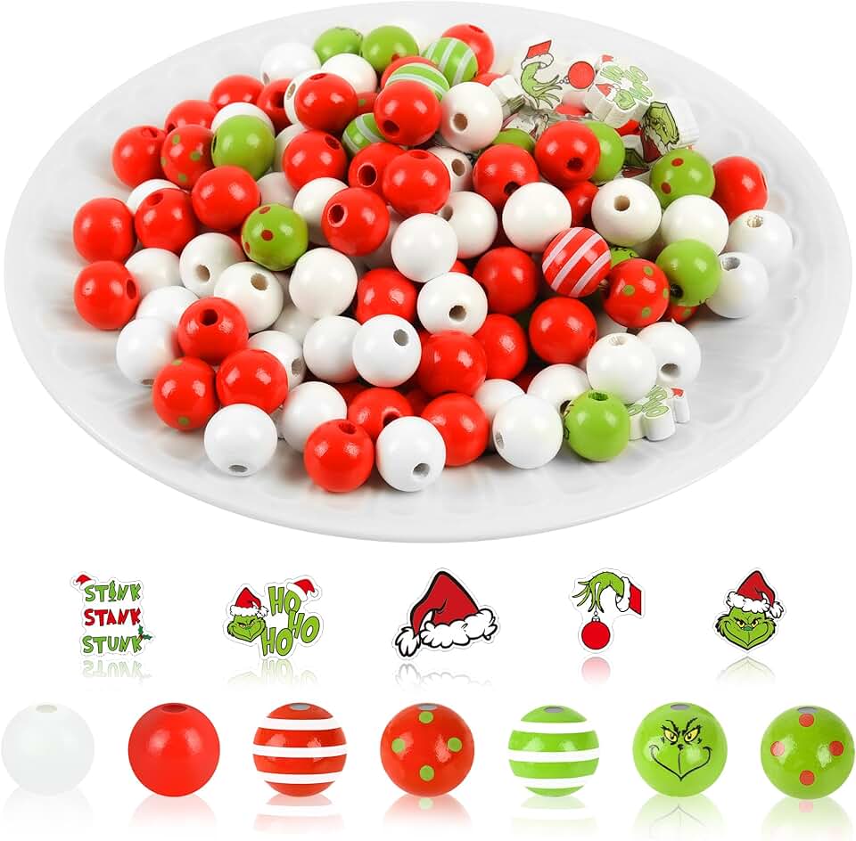 Red and green wooden Christmas beads for crafts and decorations