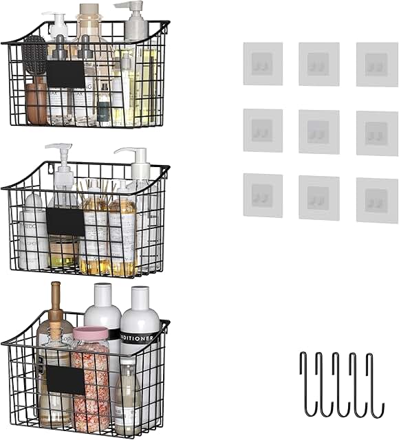 Wall Mount Bin with 5 Hooks and Labels, Metal Wire Shelf
