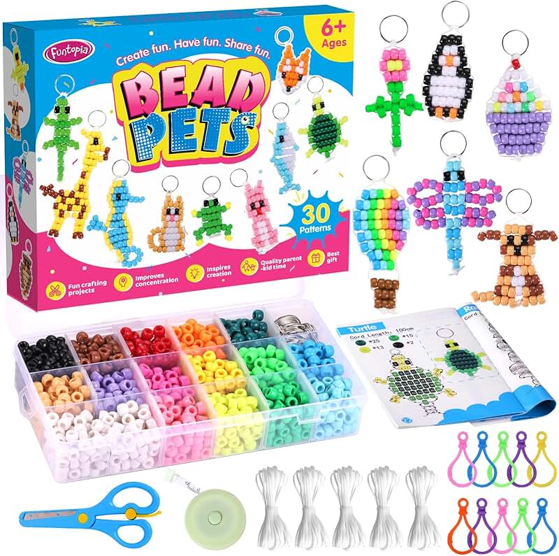 Beads Craft Kit for Kids, Pony Keychain, 1500 Beads, 30 Designs