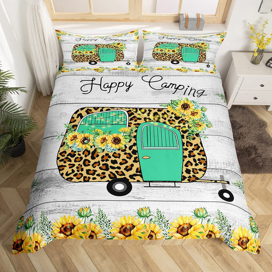 Camping Travel Car Bedding Set Camper Comforter Cover for Kids Boys Girls Teens Camping Theme Duvet Cover Breathable Vintage Wooden Floral Bedspread Cover Room Decor Quilt Cover Queen Size