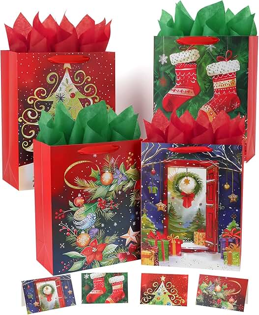 Set of 4 Large Christmas Gift Bags with Handles