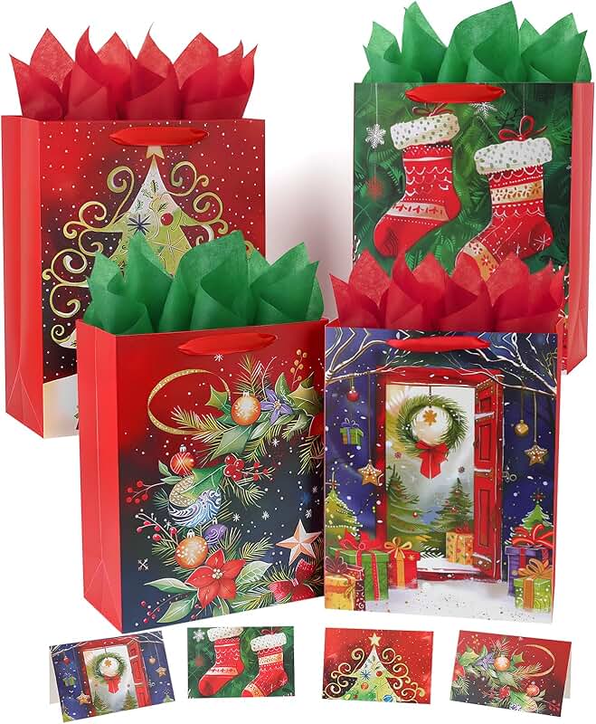 Set of 4 Large Christmas Gift Bags with Handles