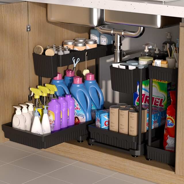 Set of three under sink organizers with hooks
