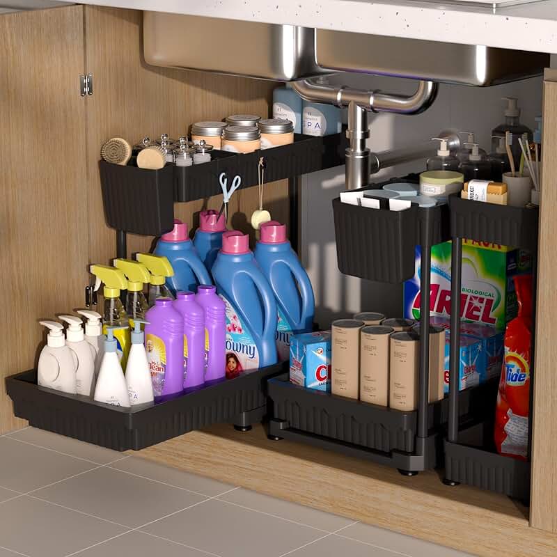 Set of three under sink organizers with hooks