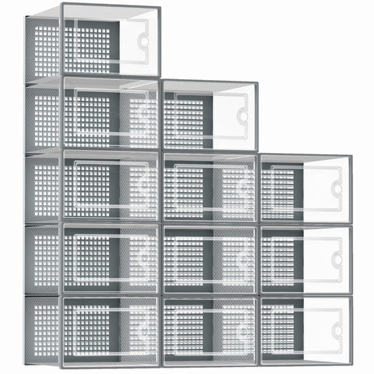 Shoe Organizer Storage Boxes for Closet 12 Packs Grey, Clear Plastic Stackable Shoe Storage Bins with Dr ers  Lids, Under Bed Shoe Storage Containers For Entryway, Closet, Drop Front