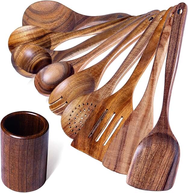 Wooden Cooking Spoon Set with Storage Jar