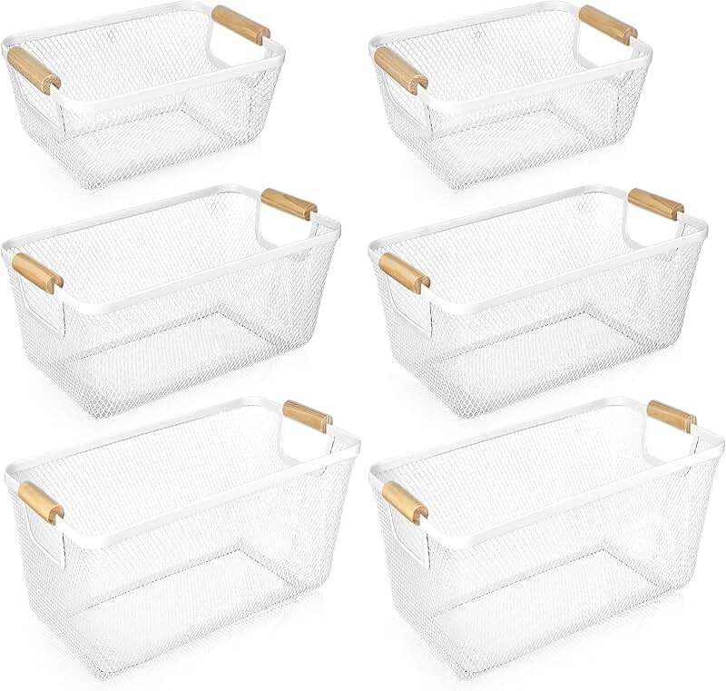 Six Metal Wire Baskets with Wooden Handles