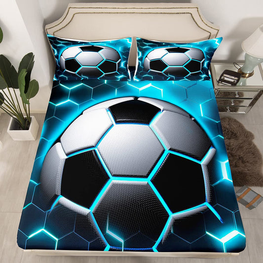 Boys Football Fitted Sheet Queen Size Soccer Bed Sheets,Blue Glowing Honeycomb Bedding Set Modern Neon Light Bed Cover,Geometric Buffalo Check Sheet for Kids Teens 3 Piece Soft