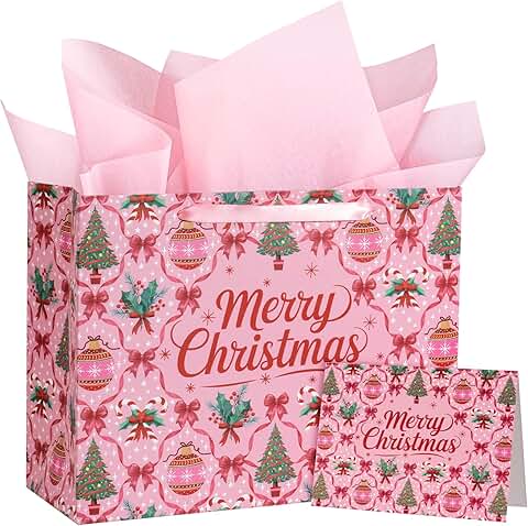 13-inch Christmas Bow Gift Bags with Tissue and Card