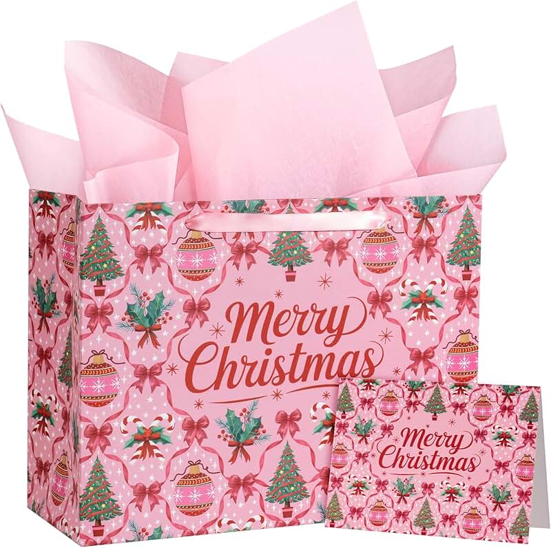 13-inch Christmas Bow Gift Bags with Tissue and Card