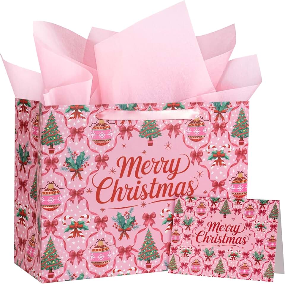 13-inch Christmas Bow Gift Bags with Tissue and Card