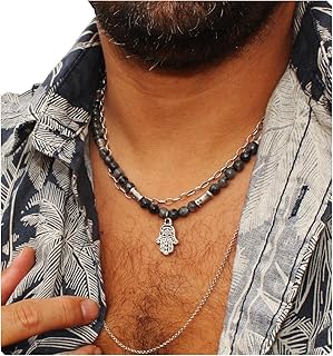 Men's beaded necklace with hamsa and labradorite gems
