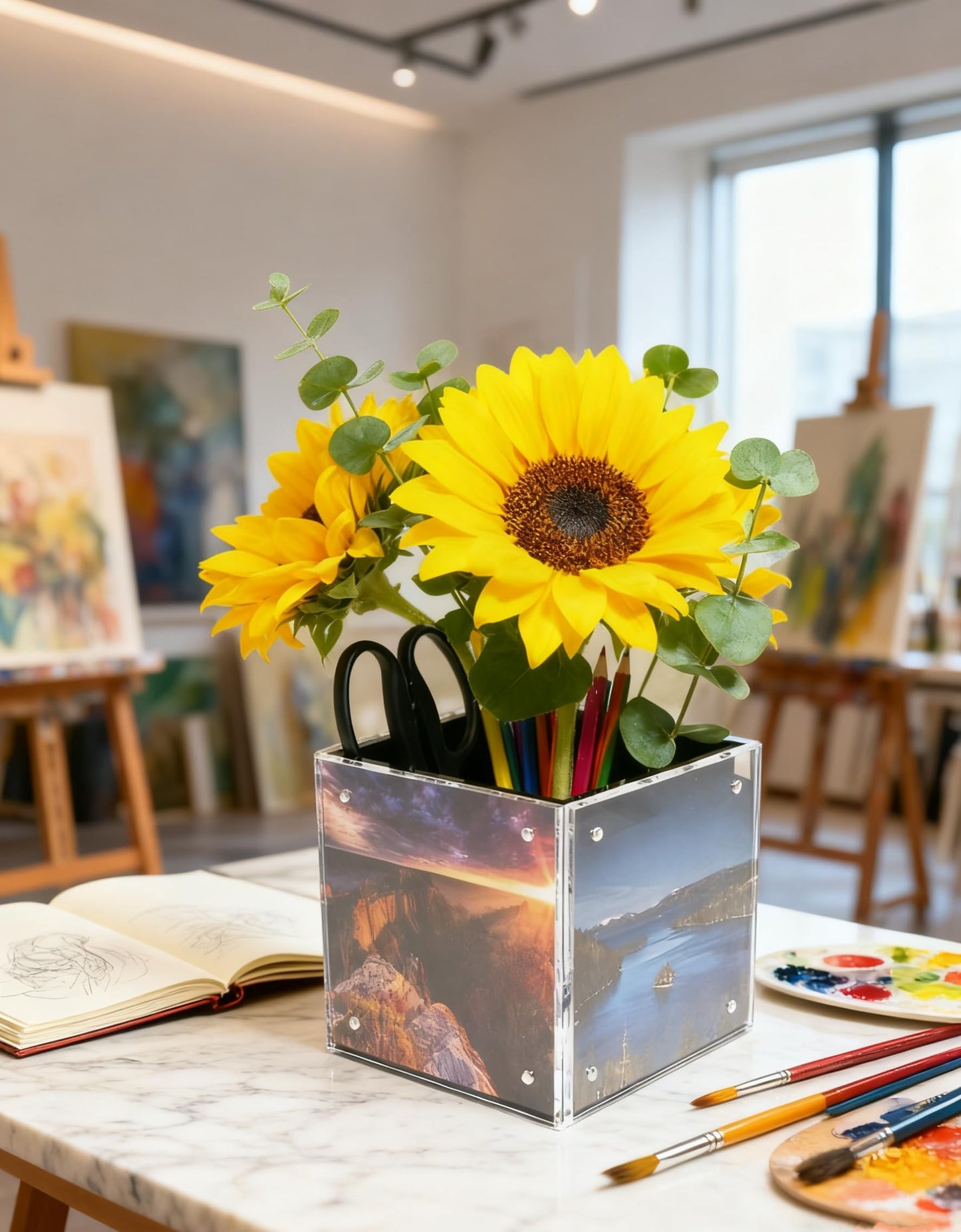Acrylic Photo Block Cube with Pen Holder and Storage