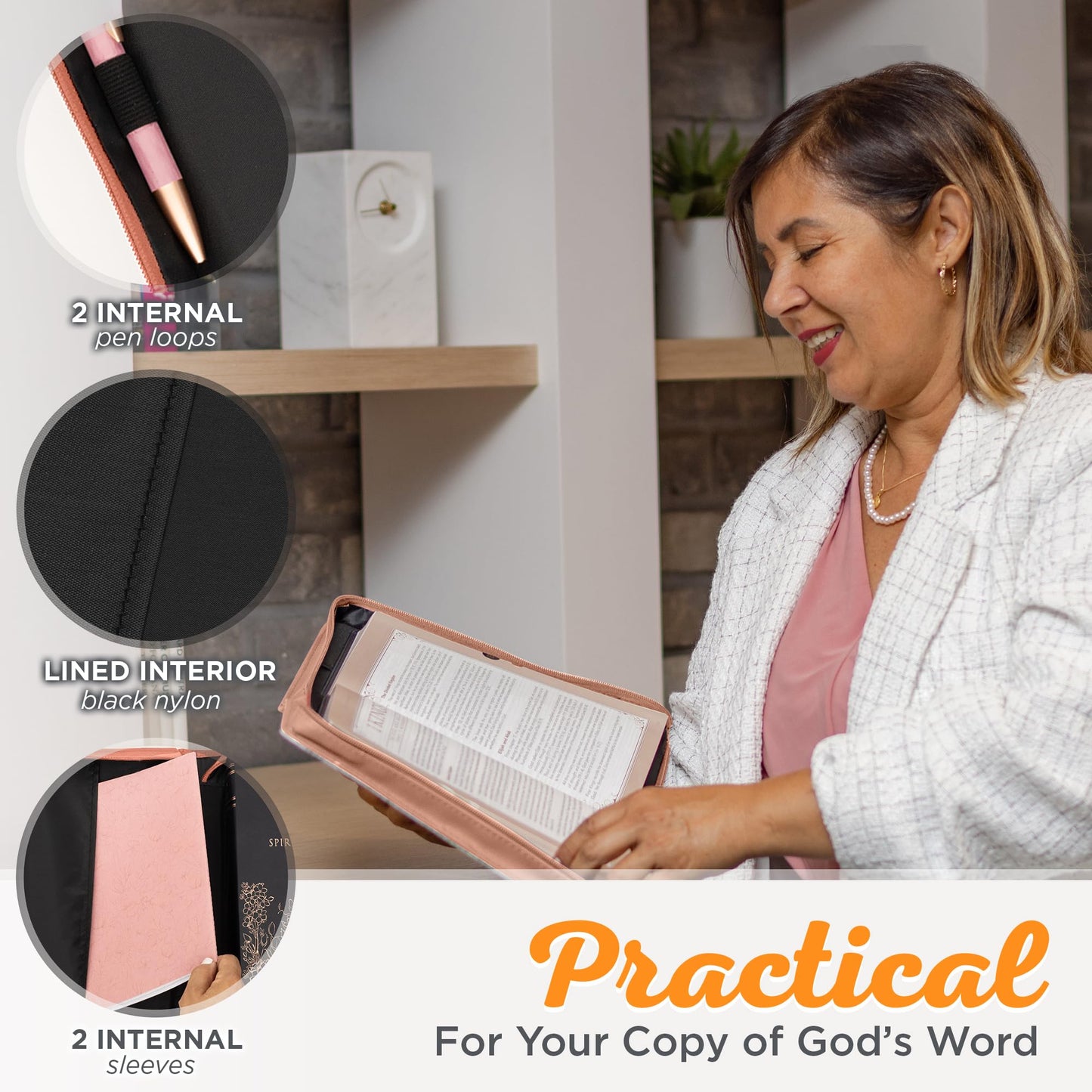 Women's Peach Floral Leather Bible Cover with Romans 8:28
