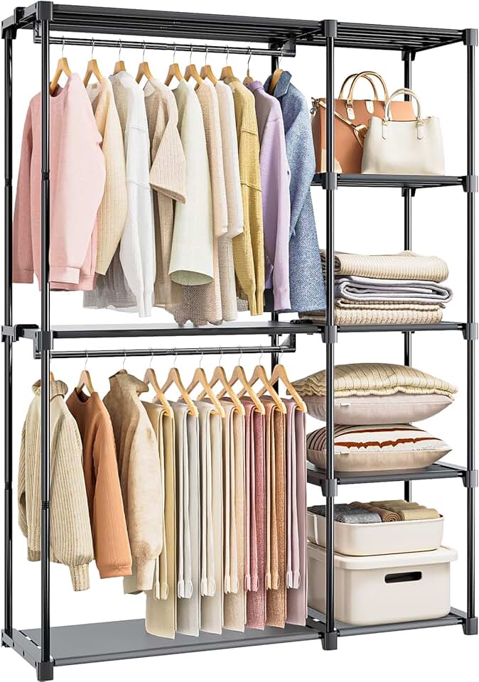 Portable freestanding wardrobe with shelves and hanging rods