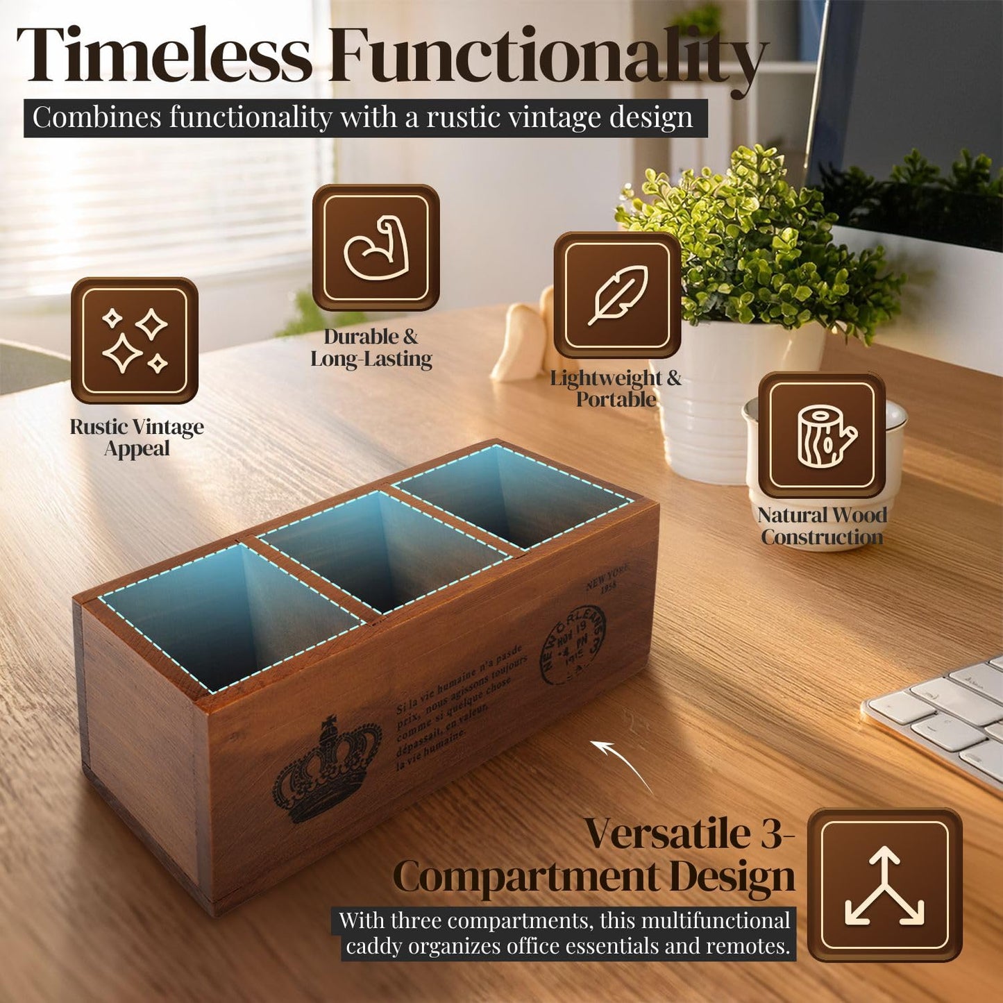 Rustic Wooden Pencil Holder with 3 Compartments