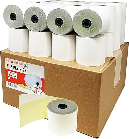 Two-Ply Carbonless Receipt Paper Rolls, 3" x 95 ft