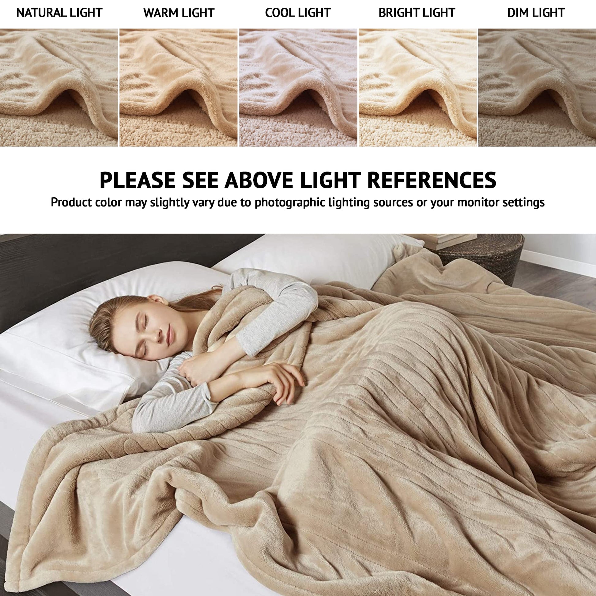 Reversible Microlight to Sherpa Electric Blanket, Auto Shut Off, Virtually Zero EMF, Multi Heat Setting, UL  Machine Washable, Tan Queen 90 inx84 in)