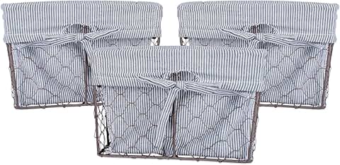 Small rustic black and white ticking stripe chicken wire baskets, 3-pack