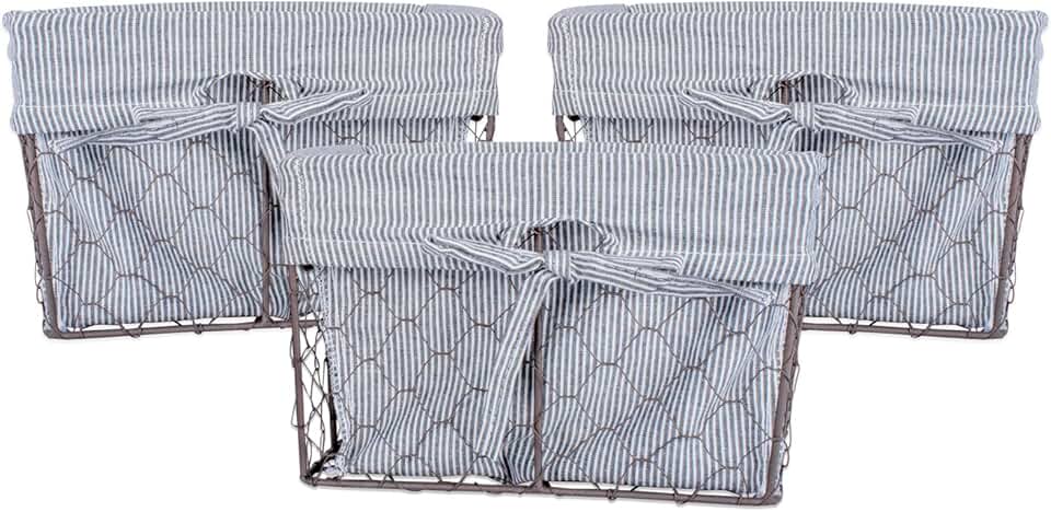 Small rustic black and white ticking stripe chicken wire baskets, 3-pack