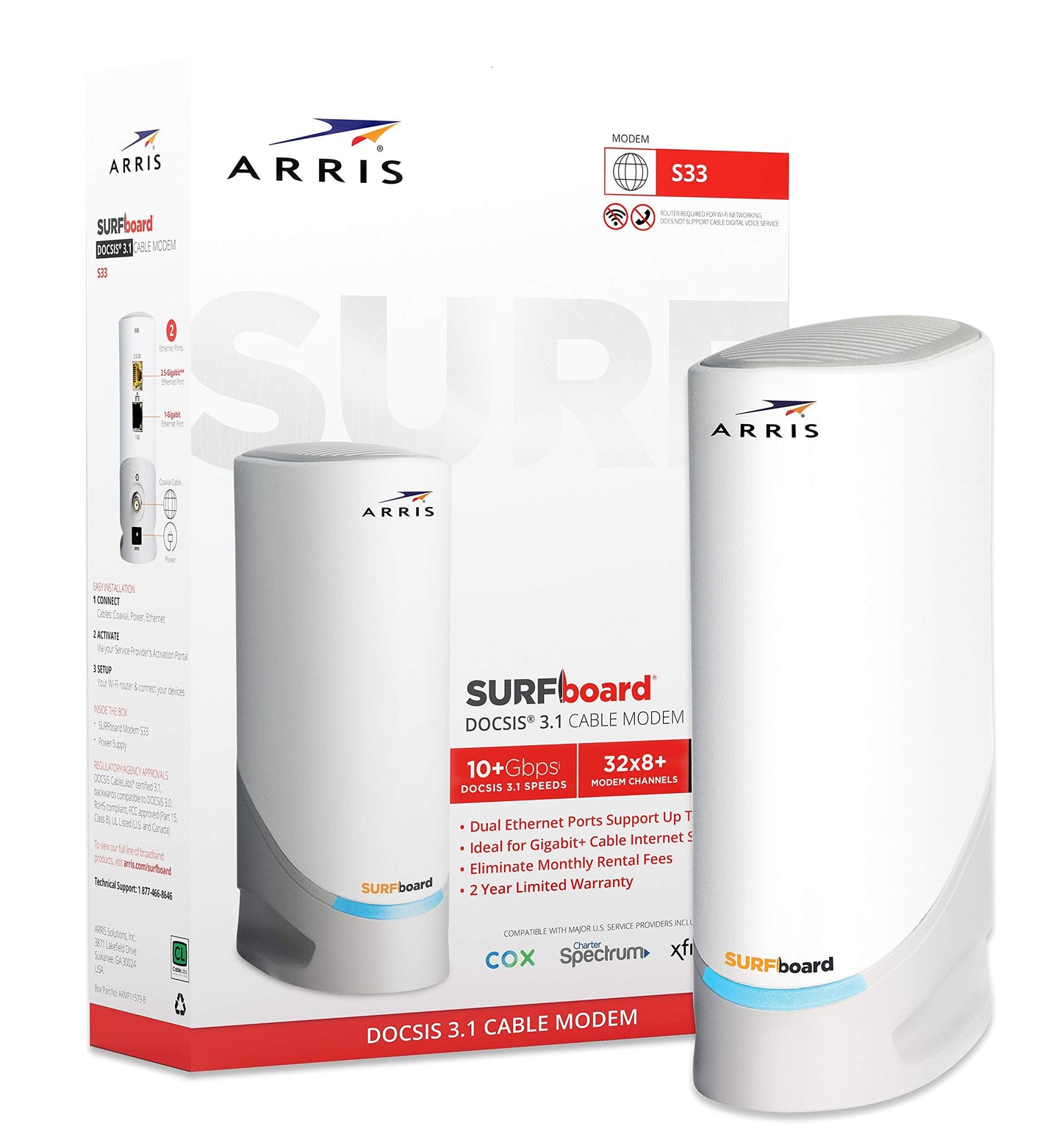 Surfboard S33 DOCSIS 3.1 Multi-Gigabit Cable Modem | Approved for Comcast Xfinity, Cox, Spectrum & More | 1 & 2.5 Gbps Ports | 2.5 Gbps Max Internet Speeds | 4 OFDM Channels | 2 Year Warranty