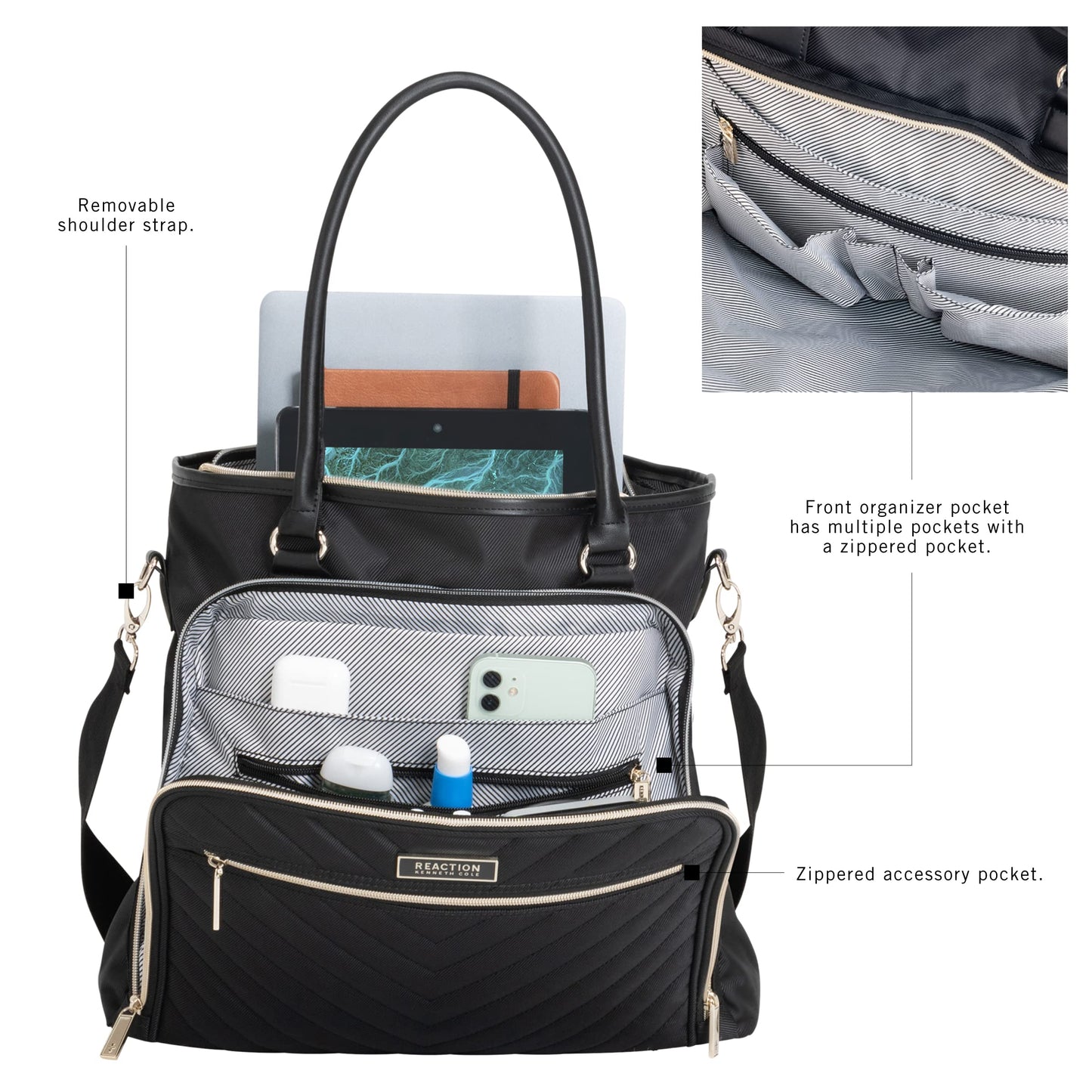Chelsea Quilted Chevron 15" Laptop & Tablet Business Tote With Removeable Shoulder Strap, Black