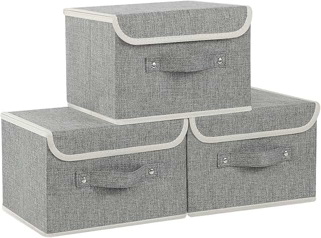 Set of 3 Grey Collapsible Storage Bins with Handles