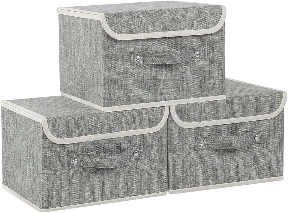 Set of 3 Grey Collapsible Storage Bins with Handles