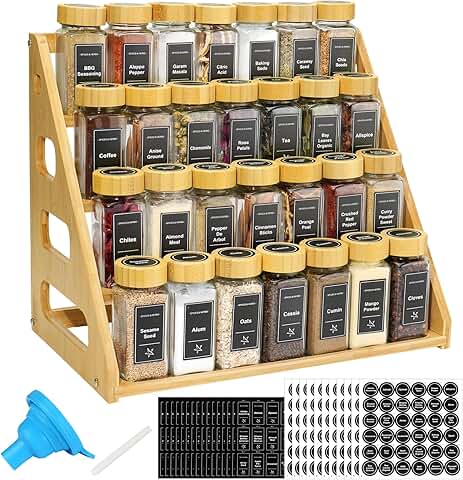 4-Tier Bamboo Spice Rack with 28 Jars and Labels
