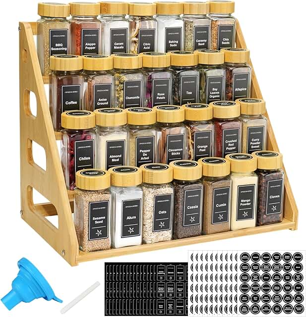 4-Tier Bamboo Spice Rack with 28 Jars and Labels