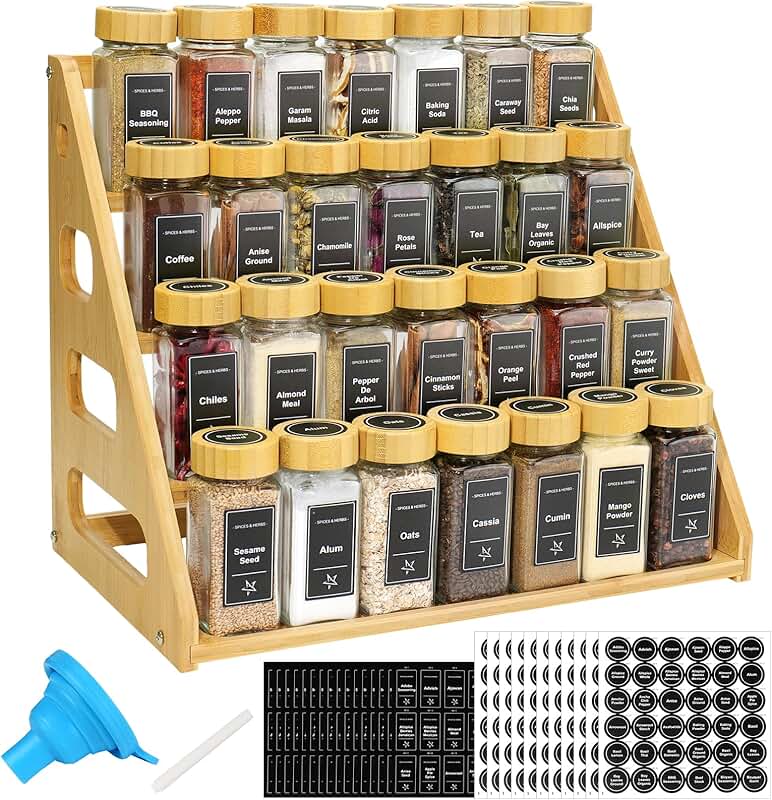 4-Tier Bamboo Spice Rack with 28 Jars and Labels