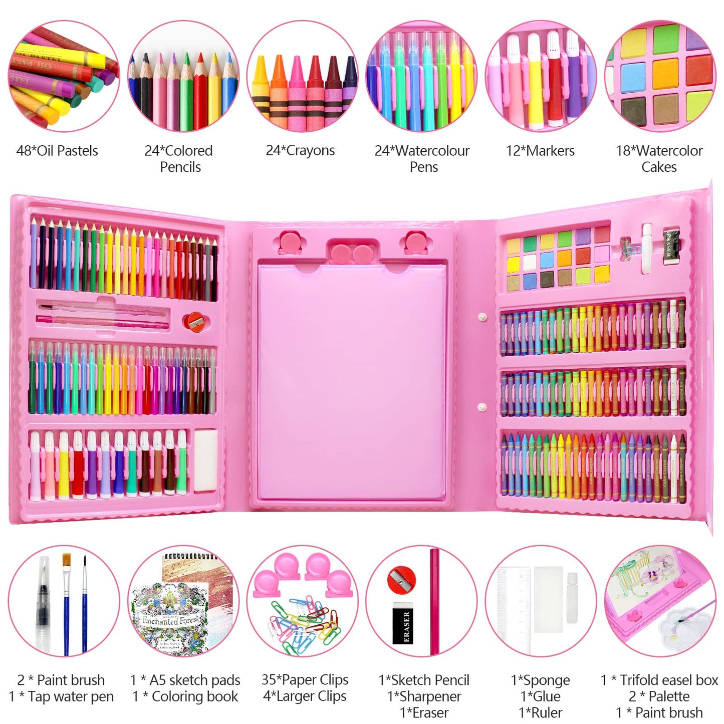 208-Piece Drawing Art Kit with Double Sided Trifold Easel