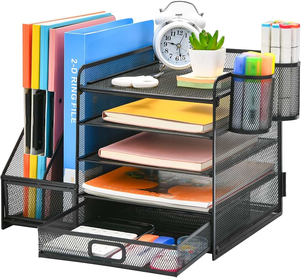 5-Tier Mesh Desk Organizer with Drawer and Pen Holders