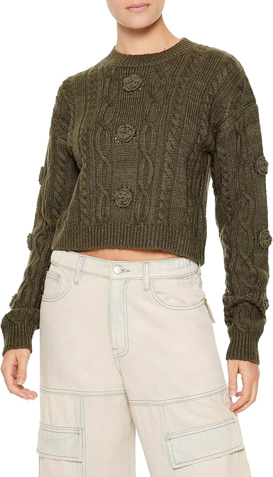 Women's Cable Knit Sweater with Rosette Design