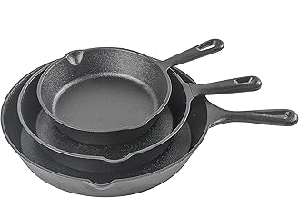 Three-piece cast iron skillet set with 8, 10, and 12 inch sizes