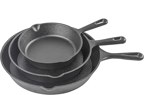 Three-piece cast iron skillet set with 8, 10, and 12 inch sizes