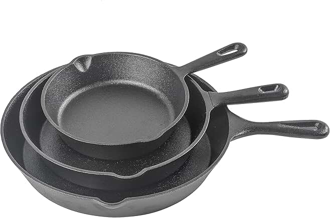 Three-piece cast iron skillet set with 8, 10, and 12 inch sizes