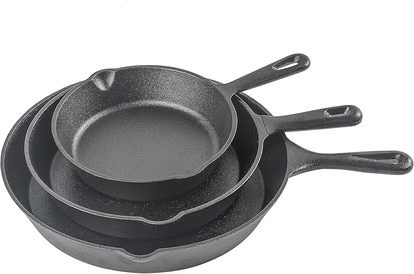 Three-piece cast iron skillet set with 8, 10, and 12 inch sizes