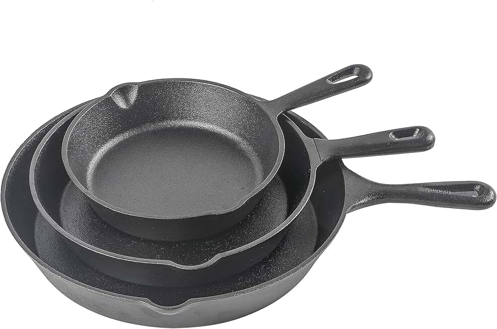 Three-piece cast iron skillet set with 8, 10, and 12 inch sizes