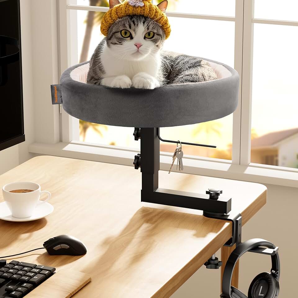 Adjustable Metal Cat Bed with Shelf and Headphone Holder