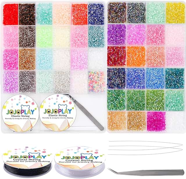 48 Colors of 3mm Glass Bugle Seed Beads with Elastic String