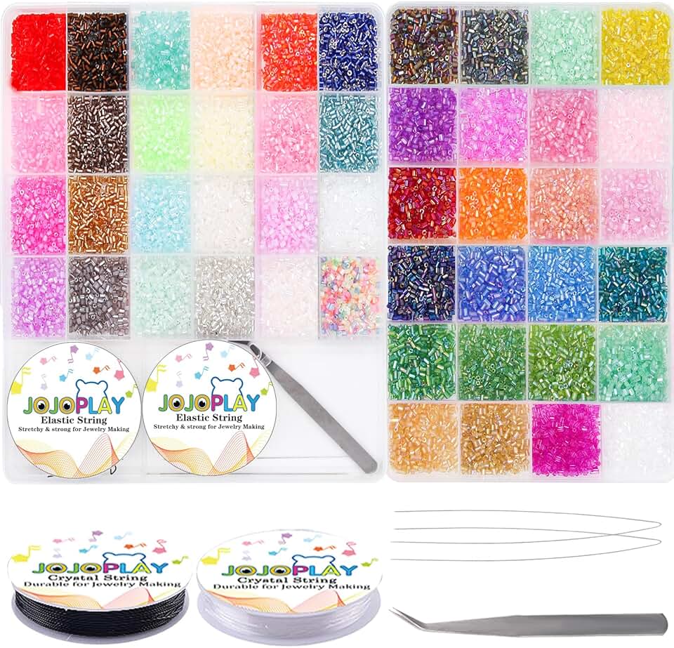 48 Colors of 3mm Glass Bugle Seed Beads with Elastic String