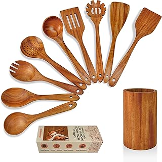 10 Pack Natural Teak Wood Cooking Spoons with Holder