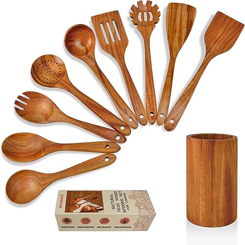 10 Pack Natural Teak Wood Cooking Spoons with Holder