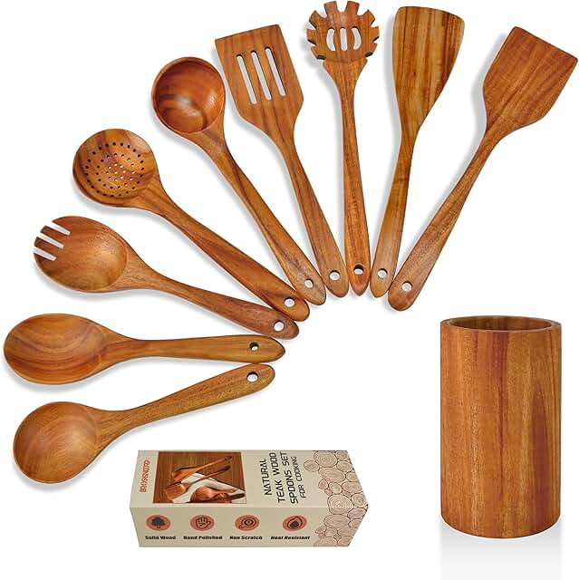10 Pack Natural Teak Wood Cooking Spoons with Holder