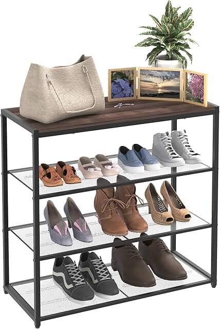 4-Tier Shoe Rack with Wood Top and Mesh Shelves
