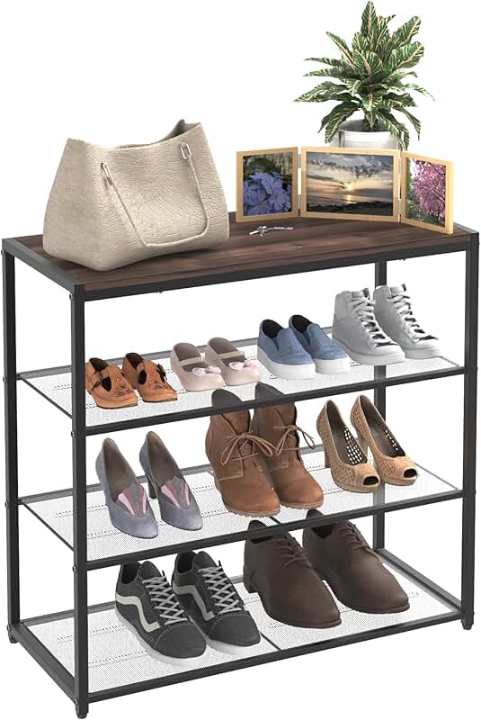 4-Tier Shoe Rack with Wood Top and Mesh Shelves