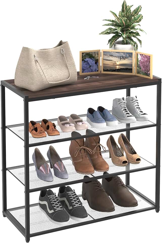 4-Tier Shoe Rack with Wood Top and Mesh Shelves