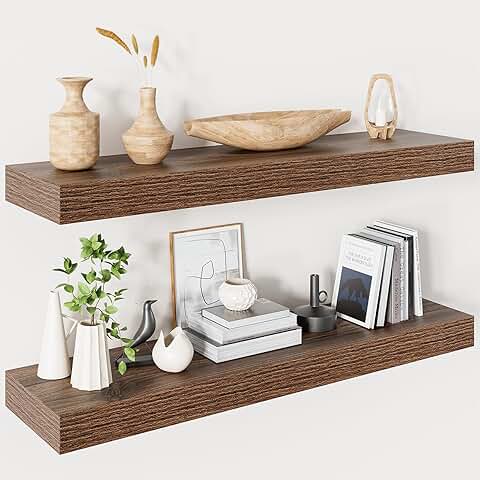 Walnut Floating Wall Shelves Set of 2, 32 Inch