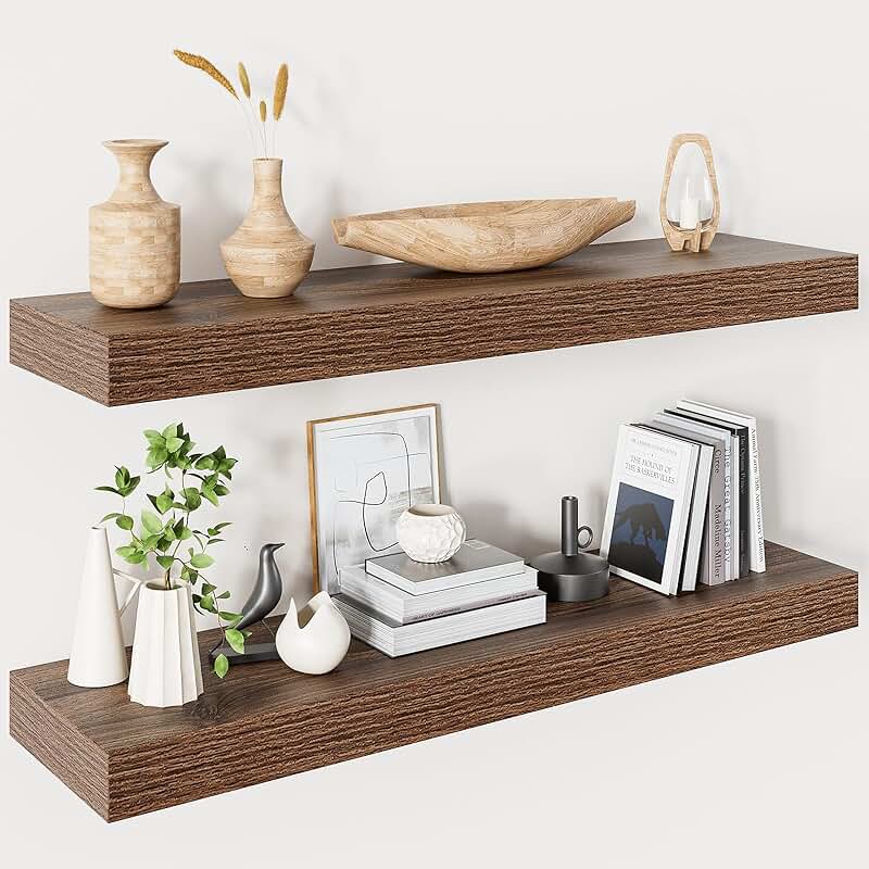 Walnut Floating Wall Shelves Set of 2, 32 Inch
